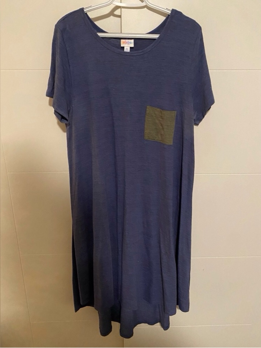 Relaxed Navy Midi Dress with Olive Pocket